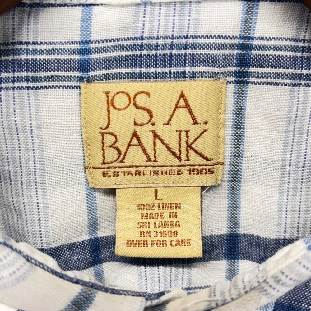Jos A Bank Shirt Mens L Blue White Plaid Short Sleeve 100%‎ Linen Button Front - Picture 4 of 10